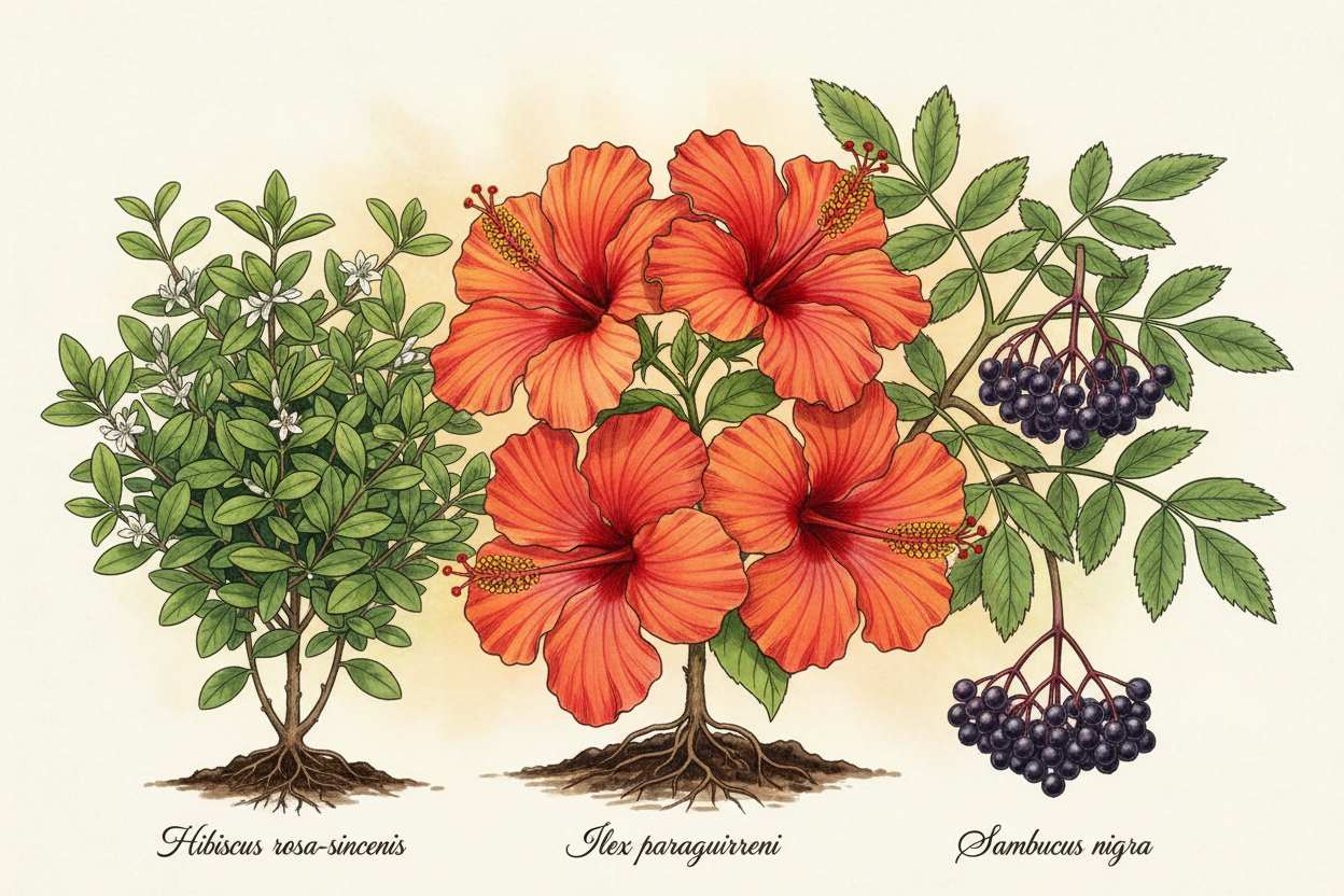 hibiscus flowers, with yerba mate plant and elderberry tree 